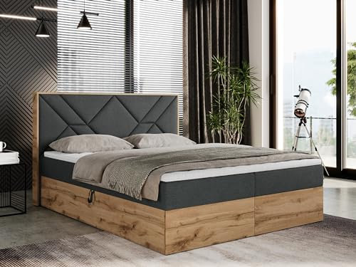 MKS MEBLE Boxspringbett 200x200 mit Bettkasten, Polsterbett 200x200 mit Matratze H3, Boxspringbett 200x200 mit Kopfteil, Boxspringbett mit Massivholz - Gunar - Dunkelgrau Struktur - H3