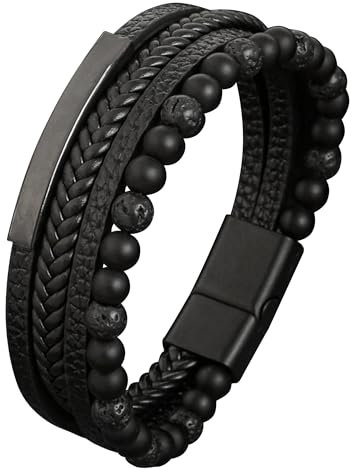 Mochity Lederarmband Herren 21cm - Edelstahl Armband in Schwarz Braun Blau, Perlenkette Armband für Männer - Geschenke Schmuck