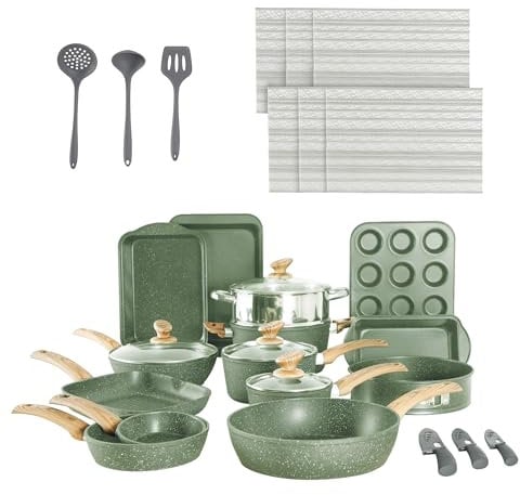 Juego de 30 ollas y sartenes antiadherentes, antiadherentes de granito de inducción, utensilios de cocina de inducción y utensilios para hornear, juego de cocina de granito antiadherente, juegos de
