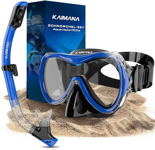 KAIMANA® Schnorchelset für Erwachsene aus gehärtetem Sicherheitsglas (Taucherbrille & trocken-Schnorchel), Bequeme Taucherbrille Erwachsene mit Silikon oder Stoffband inkl. Tragetasche