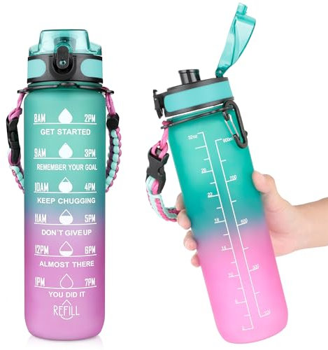 AiQInu Gourde Sport 1L, Bouteille d'eau avec Marqueur de Temps et sans BPA, étanche, Verrouillage Sécurisé, Poignée de Transport Tressée avec Cordon Parapluie pour la Gym