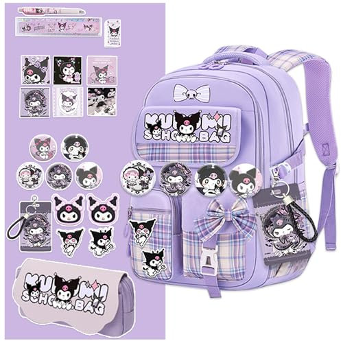 Roffatide Anime Kawaii Rucksack mit 21 Stück Zubehör Cartoon Reise Ästhetik Neues Semester Geschenktasche mit niedlichen Pins Anti-Diebstahl Laptop Rucksack Reise Wandern Tagsäcke Rucksack Lila