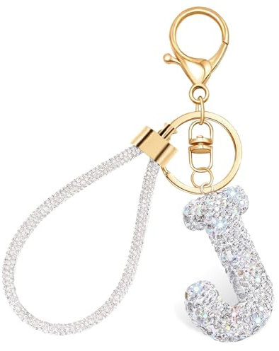 Schlüsselanhänger mit Buchstabenbuchstaben als Geschenk Bling Strasssteine Alphabet A-Z Schlüsselanhänger mit Schlüsselband für Autoschlüssel und Rucksack Silber Glänzend Süßer Schlüsselanhänger