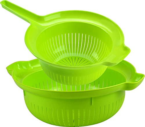 Colanders, Set of 2, 24cm and 30cm, Stainless Steel Strainers for Draining Pasta, Rice, Fruit (Green)