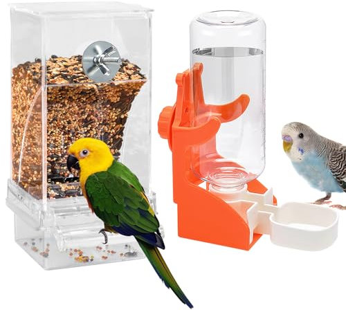 Automatischer Futterspender Vögel, Transparent Vogelfutterhaus mit Wasserspender, Futterspender Vögel Hängend, für Kleine, Mittelgroße Nymphensittiche, Sittiche