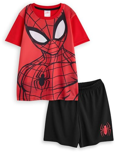 Marvel Spiderman Boys 2 Piece Pyjama Set | Childrens Short Leg Bottoms & Short Sleeve Night Top in Red & Black | Spiderman Superhero Graphic Print PJs | Animated Movie Comics Merchandise Gift