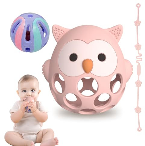 Beißring & Rassel für Babys - Sensorik Spielzeug ab 0 Monate, Zahnungshilfe & Greifball - Geschenk für Jungen & Mädchen(Owl-Pink)