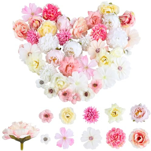 HOCUCHELAND 40 Stück Kunstblumen Blumenköpfe, Kunstblumen Zum Basteln mit 10 Stile, Künstliche Blumen Deko Klein Seidenblumen, Fake Flowers Blumen für Hochzeit Home DIY Crafts Scrapbooking