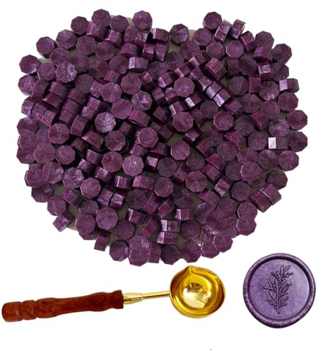 BJOYEE 200 Stück Siegelwachs Lila, Siegelwachs Perlen mit 1 Schmelzlöffel, achteckiges Wachssiegel-Set für Stempel, für Einladungen/Umschläge/Karten/Weinpakete/Geschenkverpackungen