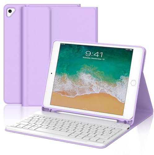 IVEOPPE Coque Clavier pour iPad 6/5 EME Generation/Pro 9.7/Air 2/Air 1 9.7, Étui Keyboard AZERTY Français Layout sans Fil Bluetooth Amovible avec Porte Crayon pour iPad 9.7 2018, Violet Clair