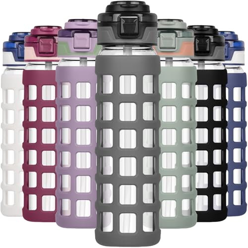 Ferexer Borraccia in vetro da 1 litro/660 ml con manico e coperchio a ribalta, a prova di perdite, senza BPA, in vetro borosilicato sostenibile, con custodia in silicone, borraccia sportiva in vetro