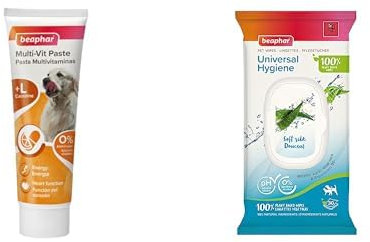 Beaphar | Multi-Vitamins Paste for Dogs & Universal Pet Wipes Bundle | 1 x Prebiotic Paste & 1 x 30 Universal Pet Hygiene Wipes | The 100g Tube Aids in Digestion | Cleans & refreshes Skin and Coat