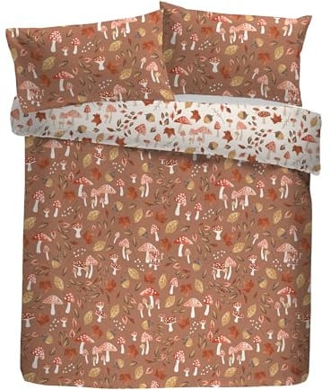 Fusion Woodland Dreams Double Duvet Cover Set, 52% Recycled Polyester 48% Cotton, 200x200cm, Natural, Floral Pattern, Reversible, with 2 Pillowcases, Orange