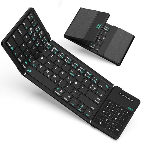 Nillkin Faltbare Bluetooth Tastatur mit Touchpad, QWERTZ, Wiederaufladbare | mit Ziffernblock, Tragbare Mini-Tastatur für iPad, iOS, Android und Windows Laptop & Tablet, Leder-Schwarz