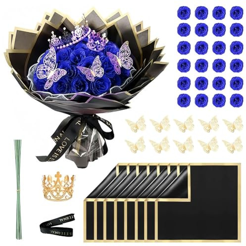 DASIAUTOEM 24 pezzi di rose rosse con glitter per San Valentino, bouquet di rose artificiali fai da te con corona, regalo per Natale, compleanno, anniversario, matrimonio, festa della mamma (blu)