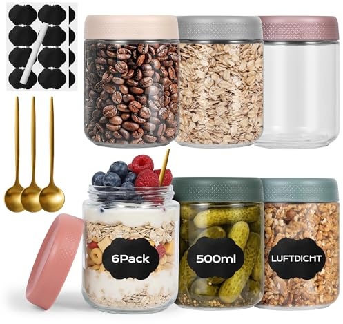 BASVII 6 Stück Overnight Oats Gläser mit Deckel, 500 ml Meal Prep Gläser | Einmachgläser mit Schraubdeckel, Luftdicht Komplett mit Löffel, Etikett und Stift, Geeignet für Eingelegtes, Nüsse, Salate