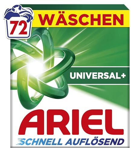 Ariel Pulverwaschmittel Universal+, 72 Wäschen | Mit Fleck-Weg-Power beim 1. Waschen, schnell löslich und selbst in kaltem Wasser wirksam.