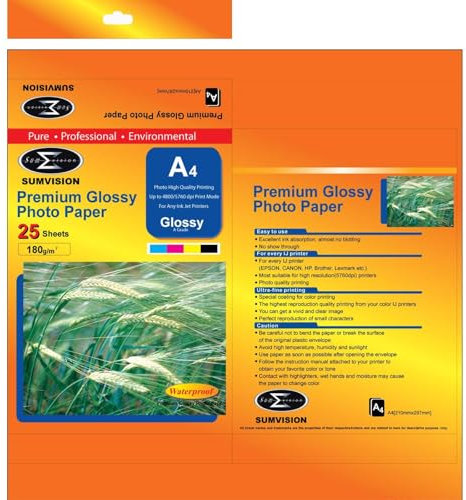 Sumvision Photo Picture Photographic Paper A4 180gm Glossy Photo Paper Premium Professional Gloss Finish Inkjet Printable Photo Paper 25 Sheet Pack