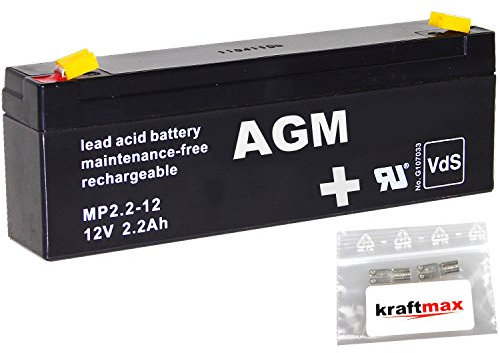kraftmax 1x AGM 12V / 2,2Ah Blei-Akku - MP2,2-12 [ Faston 4,8 ] VDs geprüft - inkl. 2X Original Anschluß-Adapter