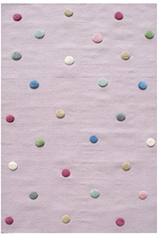 LIVONE Hochwertiger Jugendteppich aus Baumwolle Kinderzimmer Kinderteppich in Flieder mit Punkten in rot blau Creme Weiss grün Mint grau rosa Größe 100 x 160 cm, waschbar.