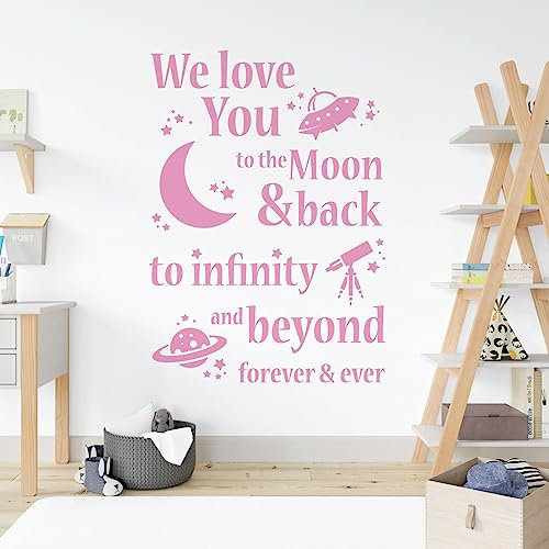 Wandaufkleber für Kinderzimmer, Motiv We Love You to The Moon and Back, to Infinity and Beyond, Forever and Ever, Rose, Extra Large (580 x 815mm)