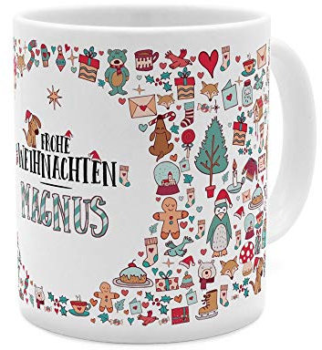 printplanet Tasse mit Namen Magnus - Motiv Frohe Weihnachten - Namenstasse, Kaffeebecher, Mug, Becher, Kaffeetasse - Farbe Weiß