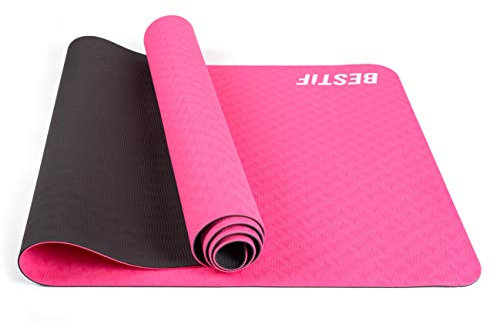 BESTIF Yogamatte rutschfest TPE 4mm Fitnessmatte Gymnastikmatte schadstofffrei Yoga Pilates Fitness 183 x 61 x 0,4cm (Schwarz-Rosa, 183 x 61 x 0,4 cm)