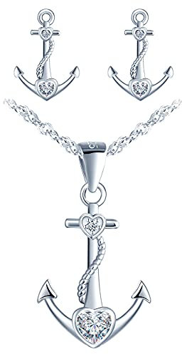 Yumilok Damen Halskette Ohrringe Ohrstecker Schmuck Set 925er Sterling Silber mit Herz Anker Anhänger für Damen Frauen