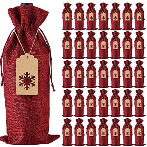 PIXHOTUL Sacchetti regalo in iuta, 48 pezzi, con coulisse, per bottiglie di vino, con etichette e corde, per Natale, matrimoni, viaggi, compleanni, feste di vino rosso