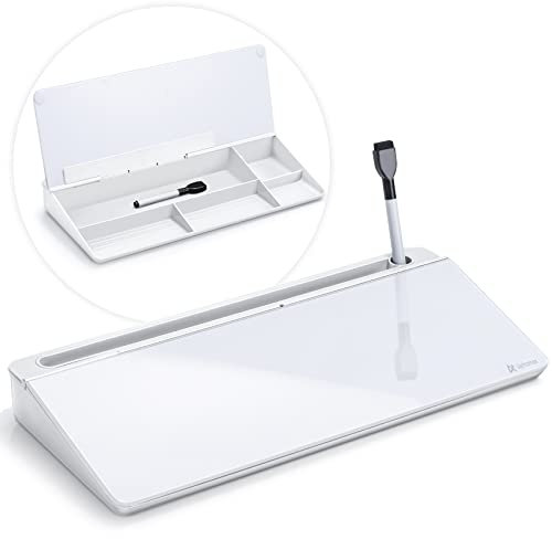 Varhomax Tableau blanc de bureau en verre avec rangement, tableau blanc effaçable à sec, liste de tâches, support de clavier pour la maison, le bureau et les fournitures scolaires (blanc)