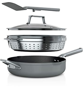 Ninja NeverStick PossiblePan, Premium Set with 4-Quart Capacity Pan, Steamer/Strainer Basket, Glass Lid & Integrated Spatula, Nonstick, Durable & Oven Safe to 500°F, Sea Salt Grey, CW102GY