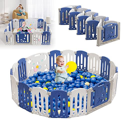 LARS360 Baby Laufgitter mit Tür und Spielzeugboard Laufstall Aktivität Baby Absperrgitter Faltbar Krabbelgitter aus Kunststoff Baby Playpen Safety GateSchutzgitter für Baby Kinder (18 Panel)
