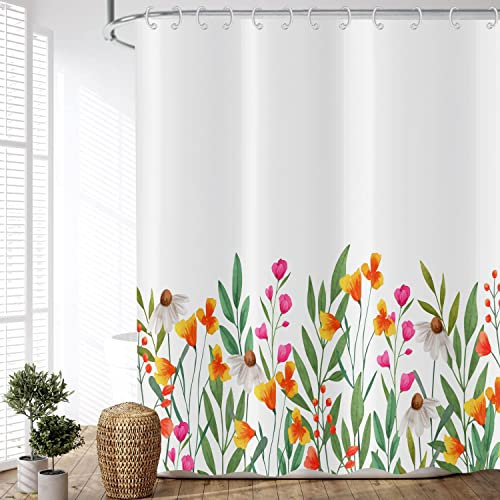 ASDCXZ Rideau de Douche Fleurs 180x180 cm, Fleurs colorées de Printemps Feuilles Vertes Rideaux de Douche de lavables Rideau de Douche en Textile imperméable pour Baignoire