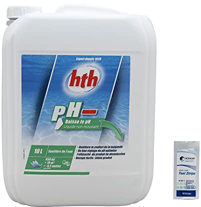 HTH pH Moins Liquide 15% - 10L | Correcteur de pH Liquide - Baisse Le pH + 10 Tests HPS OFFERTS 6 en 1