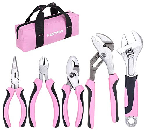 FASTPRO 5-Piece Pink Utility Pliers Set with Storage Bag, Includes Groove Joint, Diagonal, Long Nose, Slip Joint Pliers and 8 Adjustable Wrench