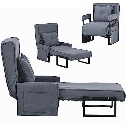 Sofá Cama Plegable Individual Silla Sillón Ajustable Tumbona con Cojines, Chaise Longue Convertible para El Hogar, Dormitorio, Sala De Estar, Oficina, hasta 150 kg,Grey