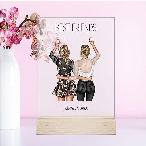 4you DESIGN Acrylaufsteller Freundinnen Best Friend BFF, Gravur Namen, Wunschtext auf Holzsockel, Bilderrahmen mal anders: Fotogeschenk, Acryltafel, bruchsicheres Acrylglas für feierliche Anlässe
