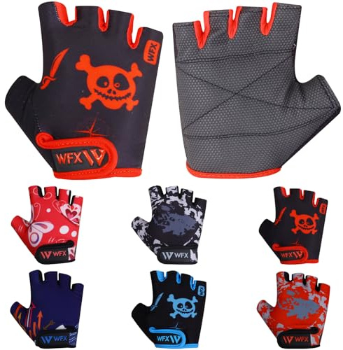 WFX Kids Cycling Gloves Short Half Finger Fingerless Gloves Padded Fastened Children Kid BMX Bike Safety Hand Protect Cycling Climbing Weight Lifting Workout Bicycle Gloves (Red Skull, M)