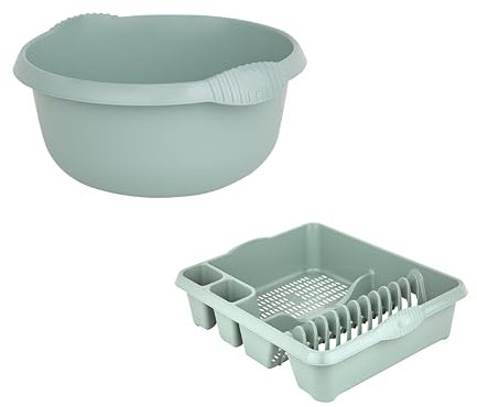 M1SS Set of 32cm Round Washing up Bowl with Large Dish Drainer Plate Rack Draining Board Tray Stand Sink Holder Kitchen Organiser (Silver Sage)