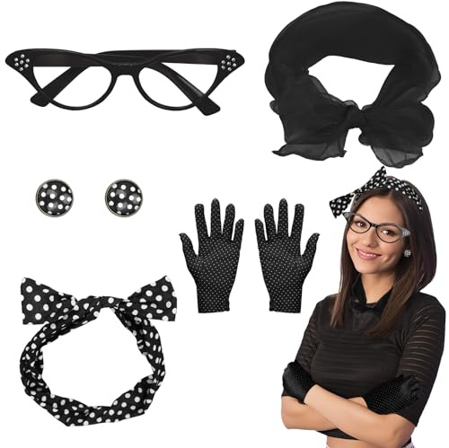 Vexlyn Rockabilly Accessoires Damen-5TLG 50er Jahre Accessoires Damen Rockabilly 60er Jahre Outfit Damen Chiffonschal Punkte Brille Handschuhe Punkteohrringe Perfekt für Retro-Partys