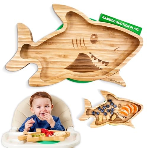 BamBamKidz Bambus-Saugnapf für Babys – Teller mit starker Saugkraft für Kleinkinder – ungiftig, komplett aus natürlichen, umweltfreundlichen Materialien – Hai