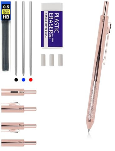 RANBOS 4-in-1 Four-Color Multifunctional Pen, Black/Red/Blue Ballpoint Pen and 0.5mm Mechanical Pencil, Metal Case Pen, Great Gift for Friends, Loved Ones (Rose Gold)