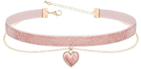 Heveer Collier de Velours Collier Double avec Pendentif en Forme de Cœur Choker Gothique Réglable Bijoux pour Femme Fille Rose