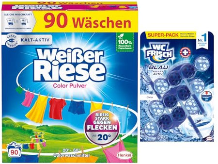 Weißer Riese Color Pulver (90 Waschladungen), Colorwaschmittel wirkt riesig stark gegen Flecken, Kalt-Aktiv schon ab 20° C + WC Frisch Kraft Aktiv Duftspüler Blau Chlor (1x150g)