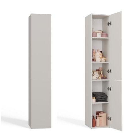 ADGO - Badschrank Schmal - Badezimmerschrank Hochschrank - 31 x 30 x 174 cm - mit 2 Türen, Türöffnungsseite Links oder Rechts - Badregal, Toilettenregal, Bad Schrank Hoch Nel II - Cashmere