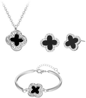 Hanaoops Vierblättriges Kleeblatt Schmuckset für Damen und Mädchen 18K Vergoldet Edelstahl Schwarz Glücksklee Strass Anhänger Halskette Ohrringe Armband Schmuck Set Hypoallergen Zierliche Geschenke