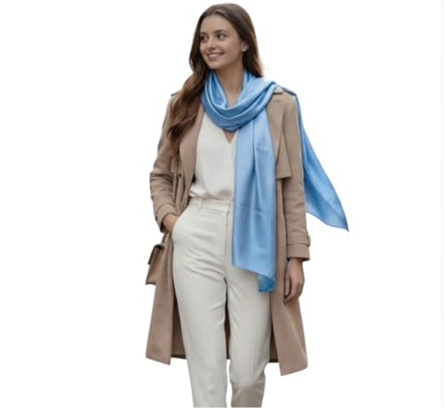 LA FERANI Damen Seidenschal 100% Seide Halstuch Schal Uni Farbe hell blau 180x90cm Seidentuch für Anzug formelle Anlässe Stola Business Style Geschenk für Sie (Hell Blau)