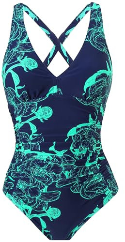 LA ORCHID Damen Badeanzug v Ausschnitt Einteilige Push up bademode Swimsuit Frauen high Waist Badeanzug Damen bauchweg Blau mit Grün Blummen XL