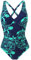 Laorchid Damen Badeanzug v Ausschnitt Einteilige Push up bademode Swimsuit Frauen high Waist Badeanzug Damen bauchweg Blau mit Grün Blummen XL