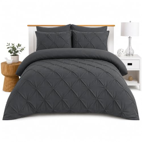 CONCEPT HOME Pintuck Double Duvet Cover Set with 2 Pillowcases (200x200cm, 50x75cm) - Soft Poly-Cotton Bedding, Charcoal